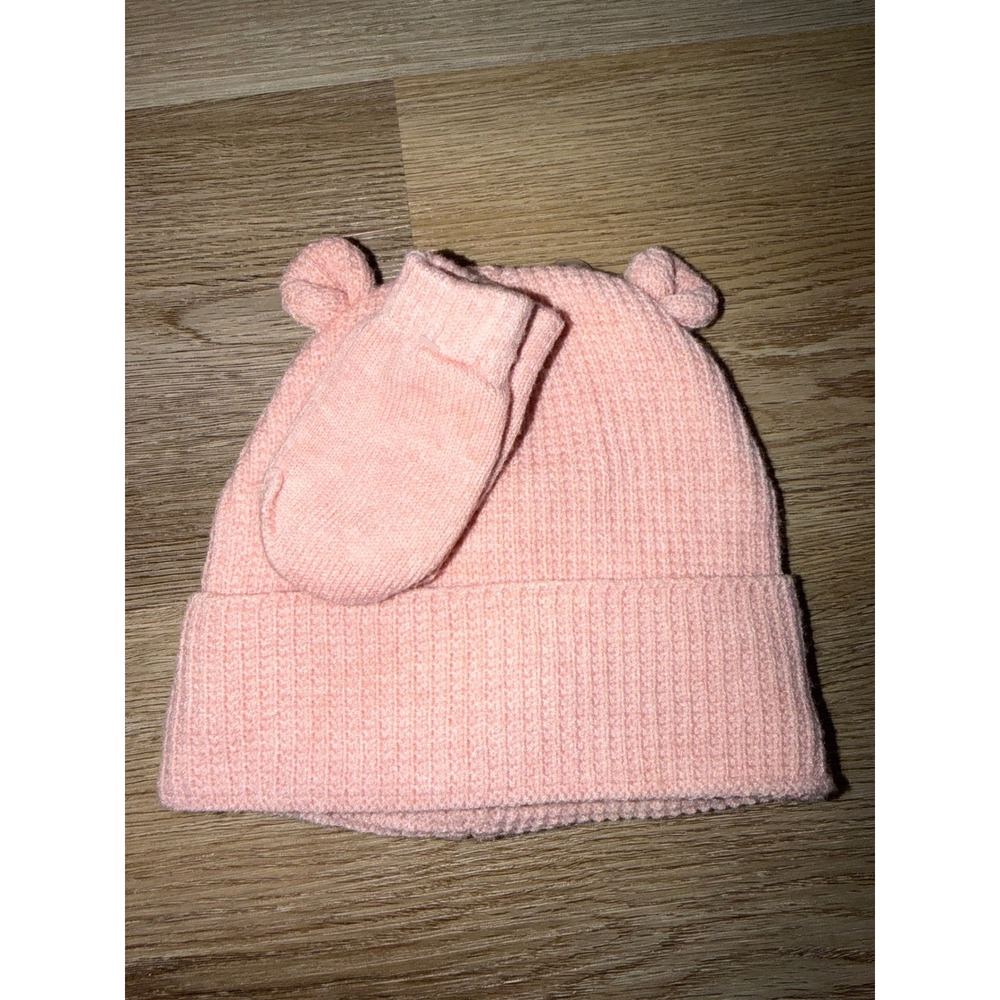 Wonder Nation Baby Girl Pink Bear Ear Beanie and Mitten Set 12 Months 2T